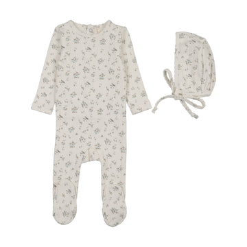 Lilette by Lil Legs Cream/Blue Pointelle Garden Cluster Print Footie Set