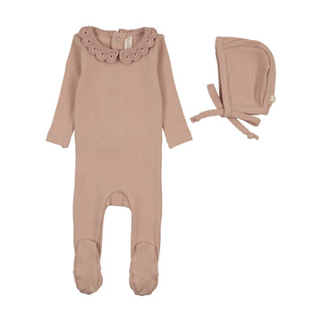 Lilette by Lil Legs Dusty Pink Knit Crochet Collar Footie Set