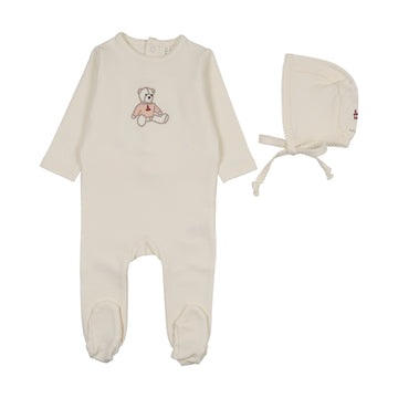 Lilette by Lil Legs Cream/Pink Cotton Sweet Bear Footie Set