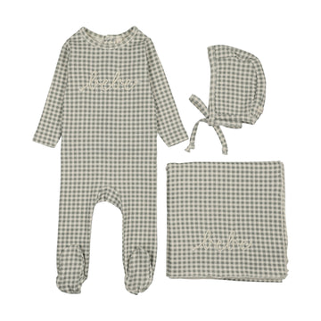 Lilette by Lil Legs Pale Blue Velour Gingham Bunny Layette Set