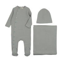 Mema Knits Powder Mema Knits Winter White/ Powder Blue Side Snap Contrast Footie + BeanieBlue Side Snap Contrast Three Piece Set