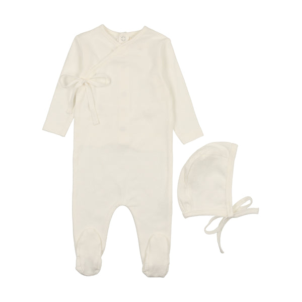 Mema Knits Winter White Pointelle Heart Footie + Bonnet