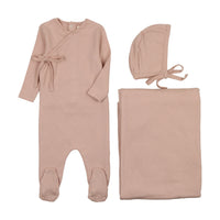 Mema Knits Pale Pink Pointelle Heart Three Piece Set