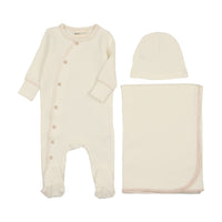 Mema Knits Winter White/ Pale Pink Side Snap Contrast Three Piece Set