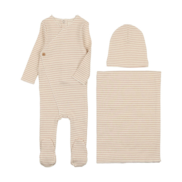 Mema Knits Cream/Pink Striped Side Button Three Piece Set