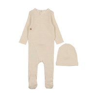 Mema Knits Cream/Taupe Striped Side Button Footie + Beanie