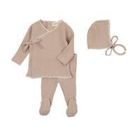 Mema Knits Taupe & Winter White Stitch Textured Embroidery Edge Three-piece set with Bonnet