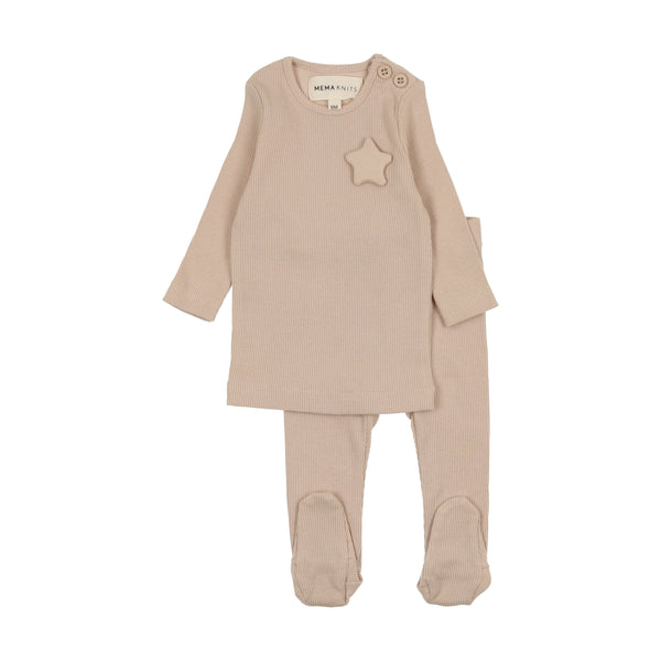 Mema Knits Taupe Ribbed Scalloped Long Two Piece Set