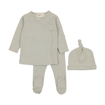 Mema Knits winter white / mint green Striped two piece wrap set + beanie (M309)