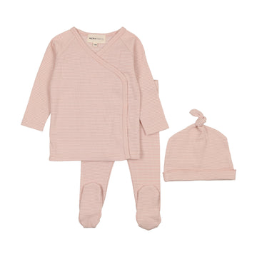 Mema Knits winter white / rose Striped two piece wrap set + beanie (M309)