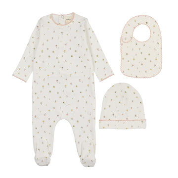 Mema Knits Floral Pink Polka dot floral print footie + beanie & bib (M341)
