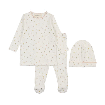 Mema Knits Floral Pink Polka dot floral print two piece set + beanie (M348)