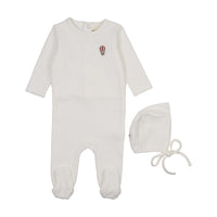 Mema Knits Winter White / Red Balloon Ribbed Velour Embroidered Footie + Bonnet (M400)