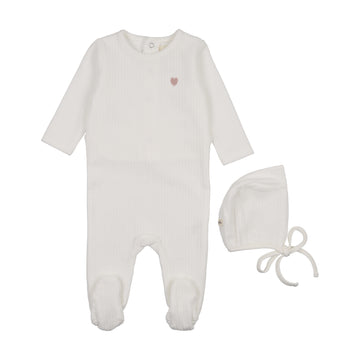 Mema Knits Winter White/ Rose Heart Ribbed Velour Embroidered Footie + Bonnet (M400)