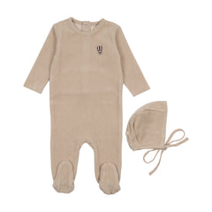 Mema Knits Oatmeal / Mink Balloon Ribbed Velour Embroidered Footie + Bonnet (M400)