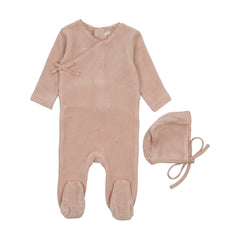 Mema Knits Pale Pink Velour Mock Wrap Footie + Bonnet (M401)