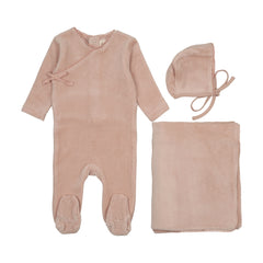 Mema Knits Pale Pink Velour Mock Wrap Footie Three Piece Set (M401-3Pc)