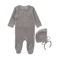 Mema Knits Windy Blue Velour Mock Wrap Footie + Bonnet (M401)