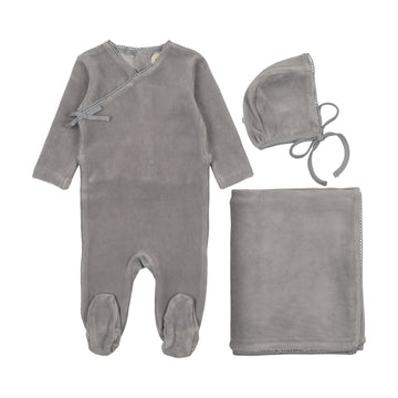 Mema Knits Windy Blue Velour Mock Wrap Footie Three Piece Set (M401-3Pc)