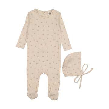 Mema Knits Mauve Floral Print Printed Pointelle Footie + Bonnet (M404)