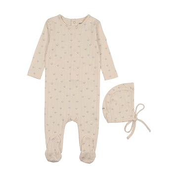 Mema Knits Blue Floral Print Printed Pointelle Footie + Bonnet (M404)