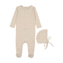Mema Knits Blue Floral Print Printed Pointelle Footie + Bonnet (M404)