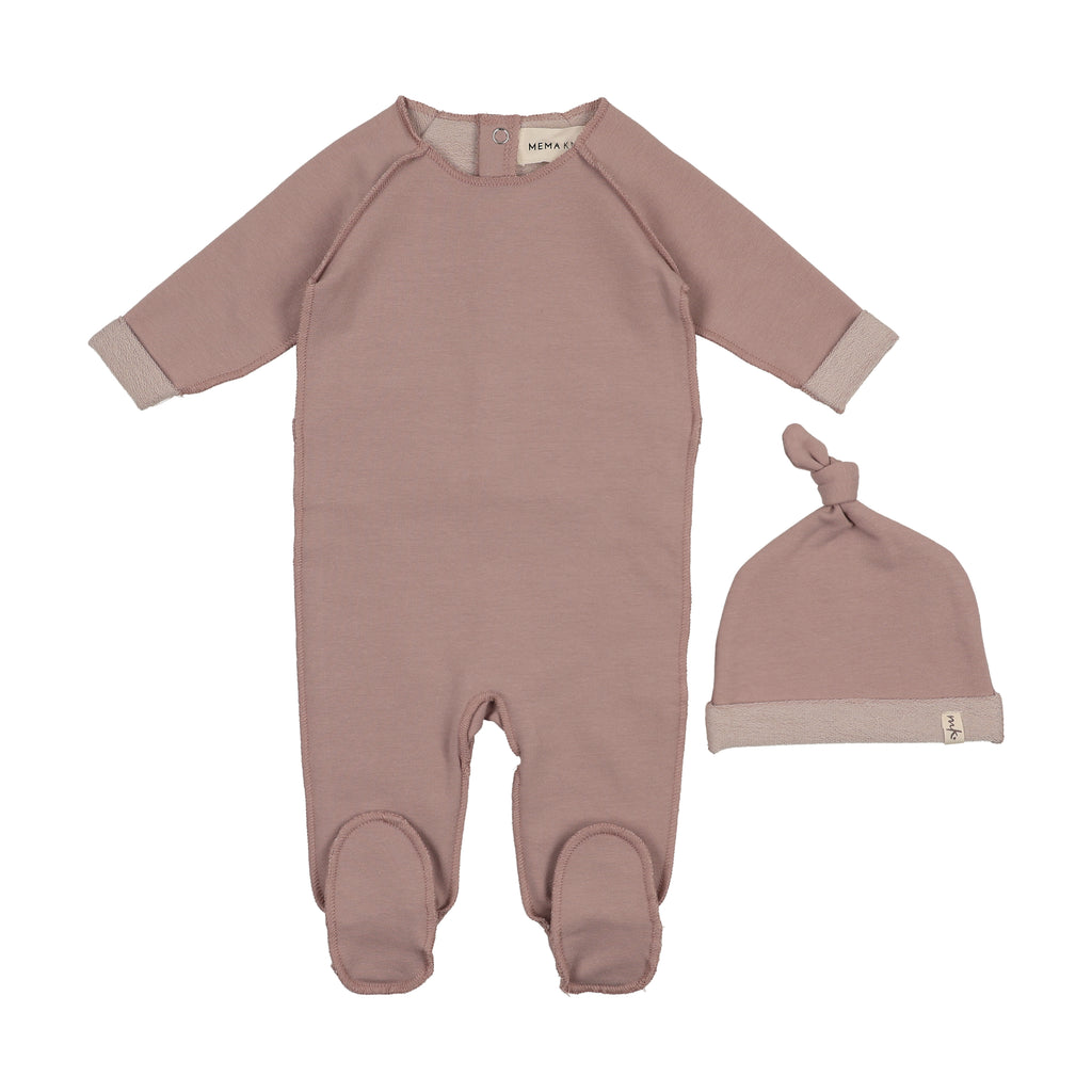 Mema Knits Mauve Pink Mélange French Terry Top Stitched Footie + Beani ...
