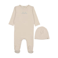 Mema Knits Ivory / Blue Embroidery French Terry Embroidered Bebe Footie + Beanie (M406)