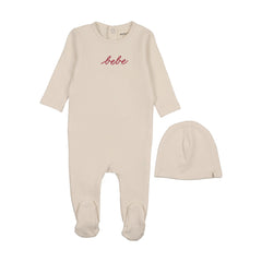 Mema Knits Ivory /  Rosewood Embroidery French Terry Embroidered Bebe Footie + Beanie (M406)