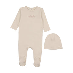 Mema Knits Ivory / Rose Smoke Embroidery French Terry Embroidered Bebe Footie + Beanie (M406)