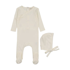 Mema Knits Ivory Pointelle Scalloped Edge Footie + Bonnet (M408)