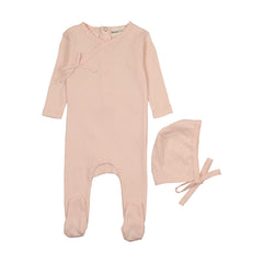 Mema Knits Pale Pink Pointelle Scalloped Edge Footie + Bonnet (M408)