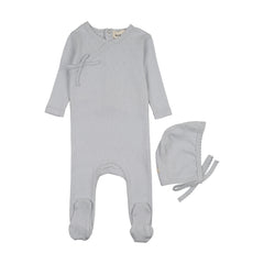 Mema Knits Gray Dawn Pointelle Scalloped Edge Footie + Bonnet (M408)
