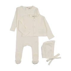 Mema Knits Ivory Pointelle Footie And Cardigan Set + Bonnet (M411)