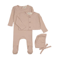 Mema Knits Deep Pink Pointelle Footie And Cardigan Set + Bonnet (M411)