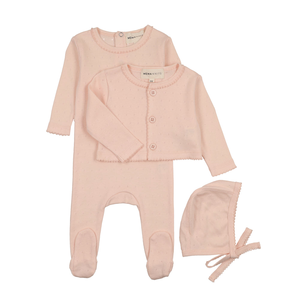 Mema Knits Pale Pink Pointelle Footie And Cardigan Set + Bonnet (M411 ...