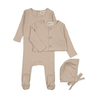 Mema Knits Oatmeal Pointelle Footie And Cardigan Set + Bonnet (M411)