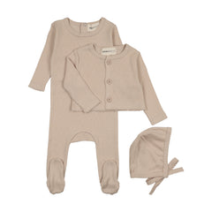 Mema Knits Oatmeal Pointelle Footie And Cardigan Set + Bonnet (M411)
