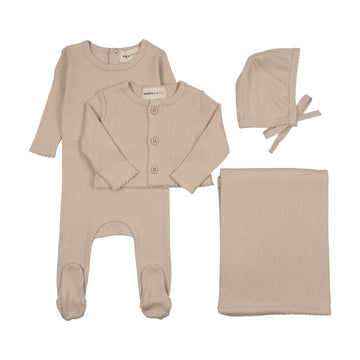 Mema Knits Oatmeal Pointelle Footie And Cardigan Four Piece Set (M411-4Pc)