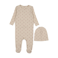 Mema Knits Ecru / Red Hearts Heart Printed Footie + Beanie (M413)