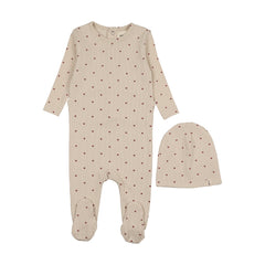 Mema Knits Ecru / Red Hearts Heart Printed Footie + Beanie (M413)