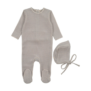 Mema Knits Windy Blue Velour Gingham Footie + Bonnet (M420)