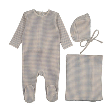 Mema Knits Windy Blue Velour Gingham Three Piece Set (M420-3Pc)