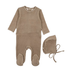 Mema Knits Simply Taupe Velour Gingham Footie + Bonnet (M420)