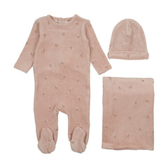 Mema Knits Dusty Light Pink / Rose Dust Cherries Velour Scattered Cherries Three Piece Set (M422-3Pc)