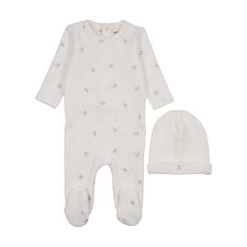 Mema Knits Winter White / Oatmeal Cherries Velour Scattered Cherries Footie + Beanie (M422)