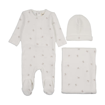 Mema Knits Winter White - Oatmeal Cherries Velour Scattered Cherries Three Piece Set (M422-3Pc)