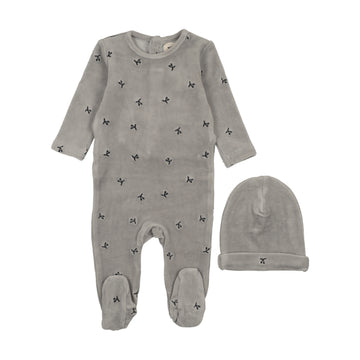 Mema Knits Misty Blue / Navy Cherries Velour Scattered Cherries Footie + Beanie (M422)