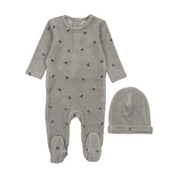 Mema Knits Misty Blue / Navy Cherries Velour Scattered Cherries Footie + Beanie (M422)