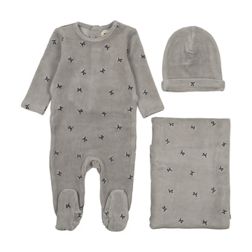 Mema Knits Misty Blue / Navy Cherries Velour Scattered Cherries Three Piece Set (M422-3Pc)